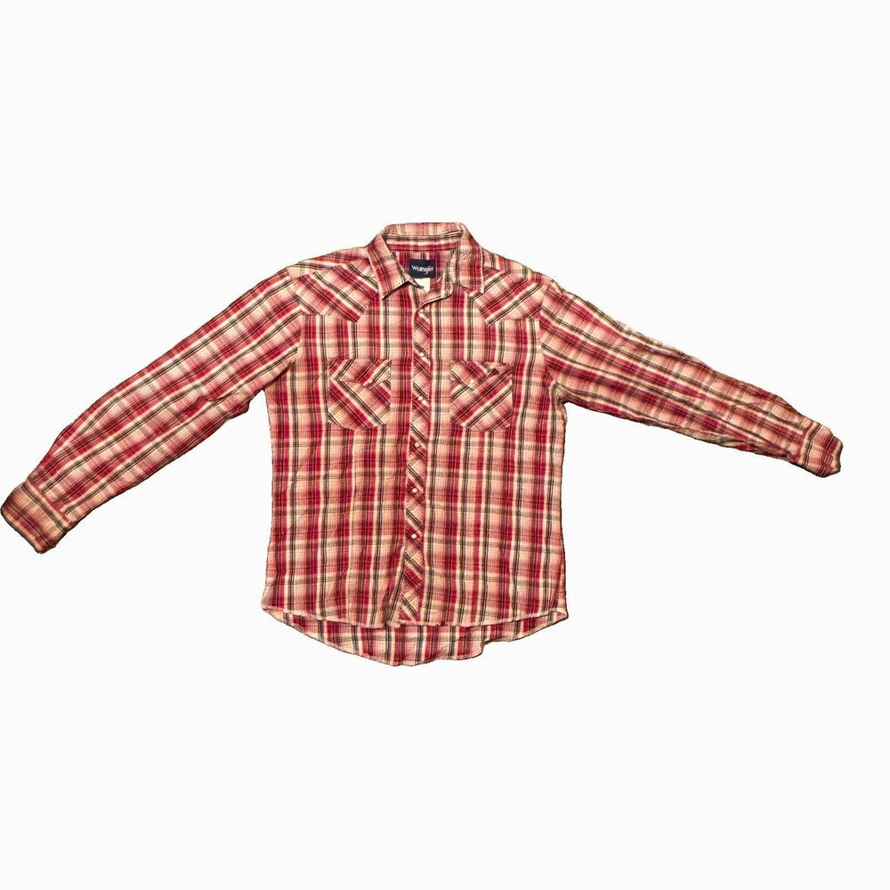 Wrangler Pearl Snap Shirt Mens L Red White Plaid Long Sleeve Button-Up Woven